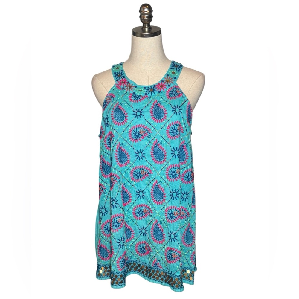 Lula Soul Embroidered Paisley Women's Top Teal Sleeveless Halter M